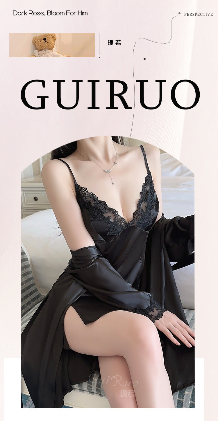 DZ Magnificent and fiery deep V Low-Cut Lingerie Pure Desire Simple Smooth Ice Silk Nightdress Lace-Up Robe Women's Set5149