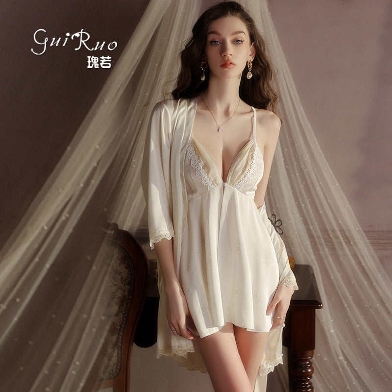 DZ Luxurious Plus Size Satin Lingerie Passionate Hot Slit Sexy Backless Nightdress Robe Women's Set5207