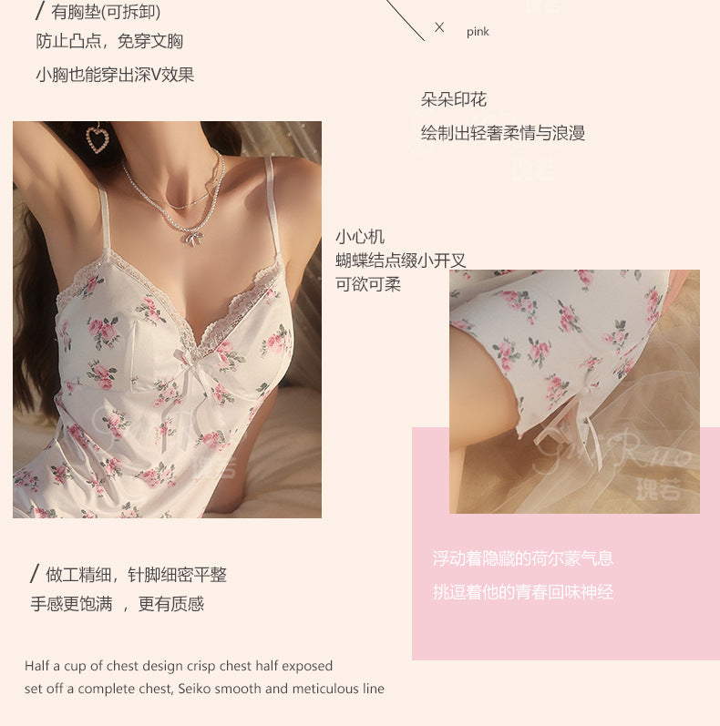 DZ Gorgeous Sexy Light Luxury Ice Silk Nightdress Deep V Temptation Sweet Printed Camisole Dress with Chest Pads Women's Set5296