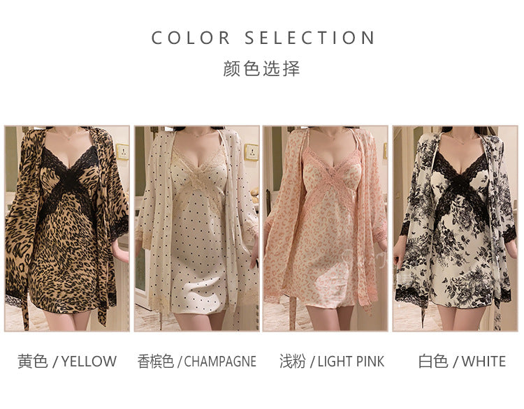 DZ Luxurious and Sexy Nightdress with Chest Pads, Sweet Ice Silk Nightgown and Robe Home Set4905